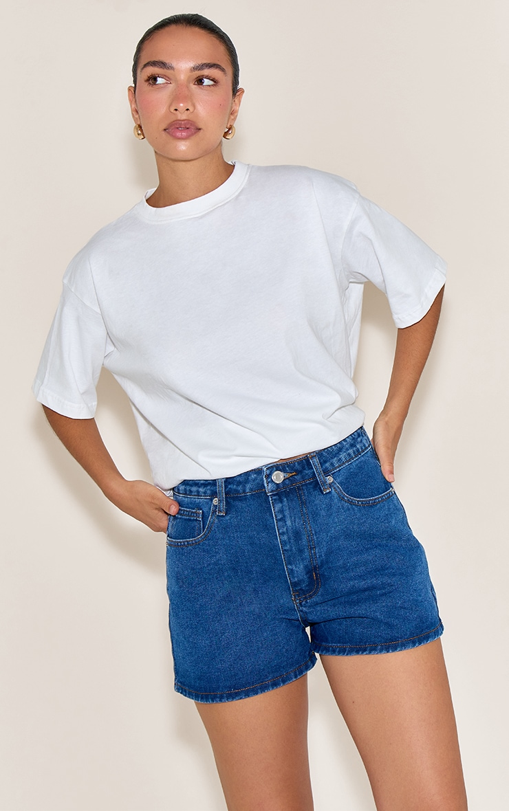 Dark Blue Contrast Stitch High Waisted Mom Shorts image 4