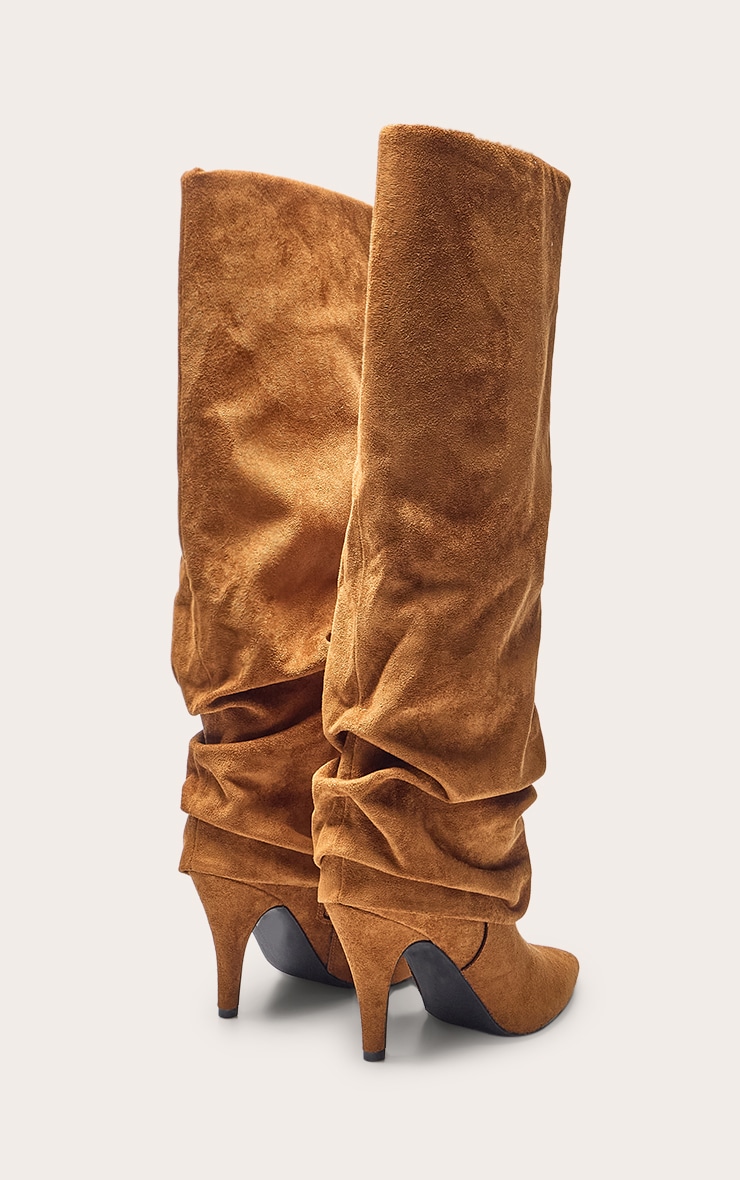 Bottes hautes repliées froncées en suédine marron clair image 4
