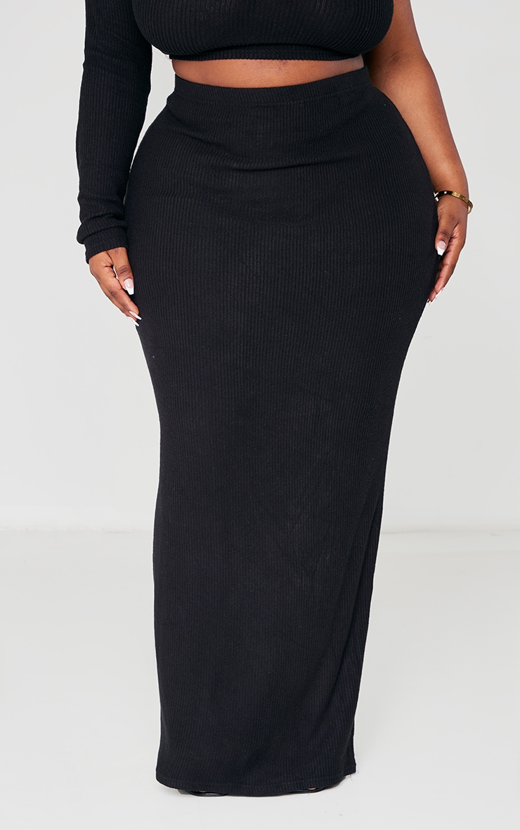 Plus Black Brushed Rib Midaxi Skirt image 2