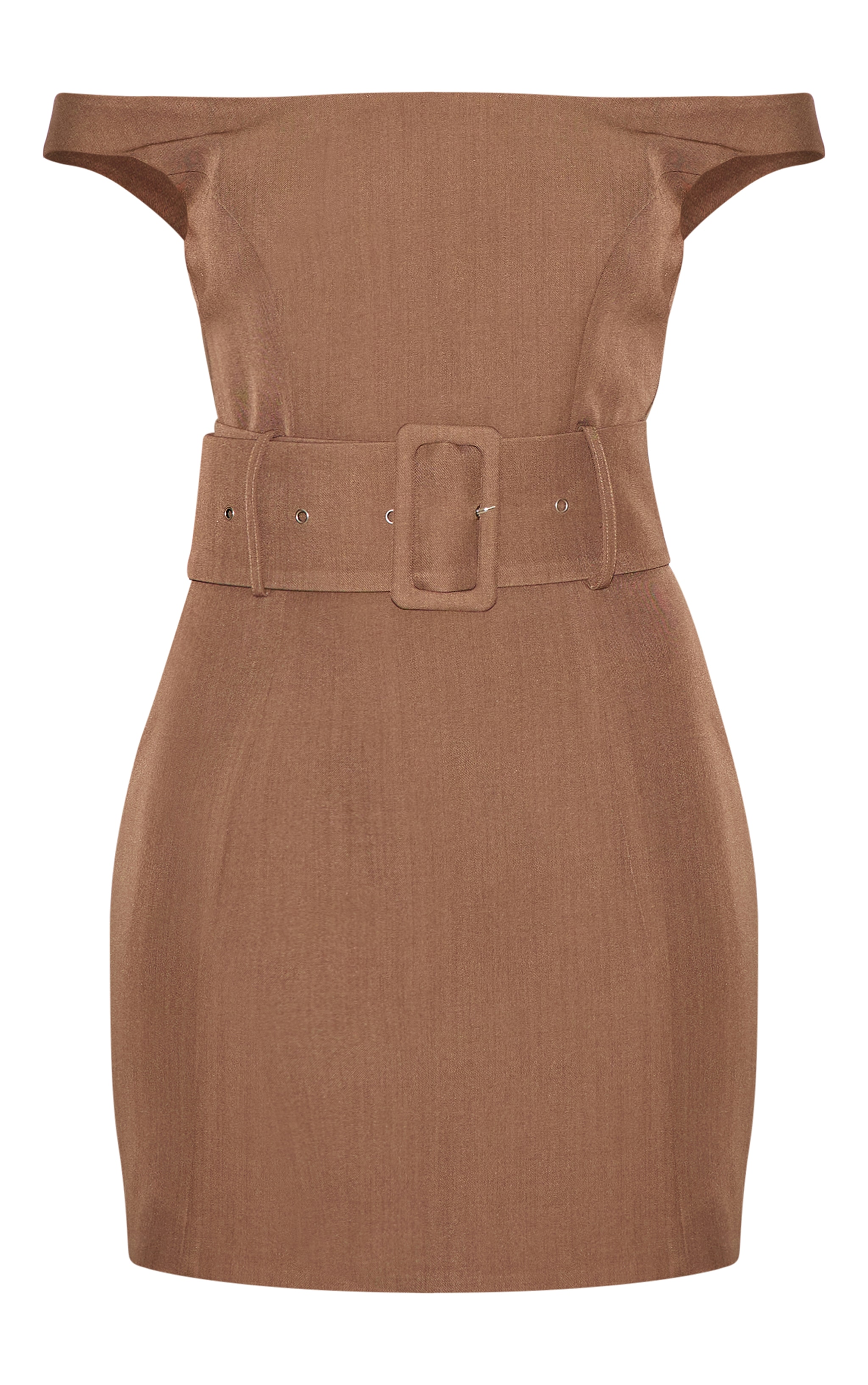 Taupe Woven Off Shoulder Belt Detail Mini Dress image 5