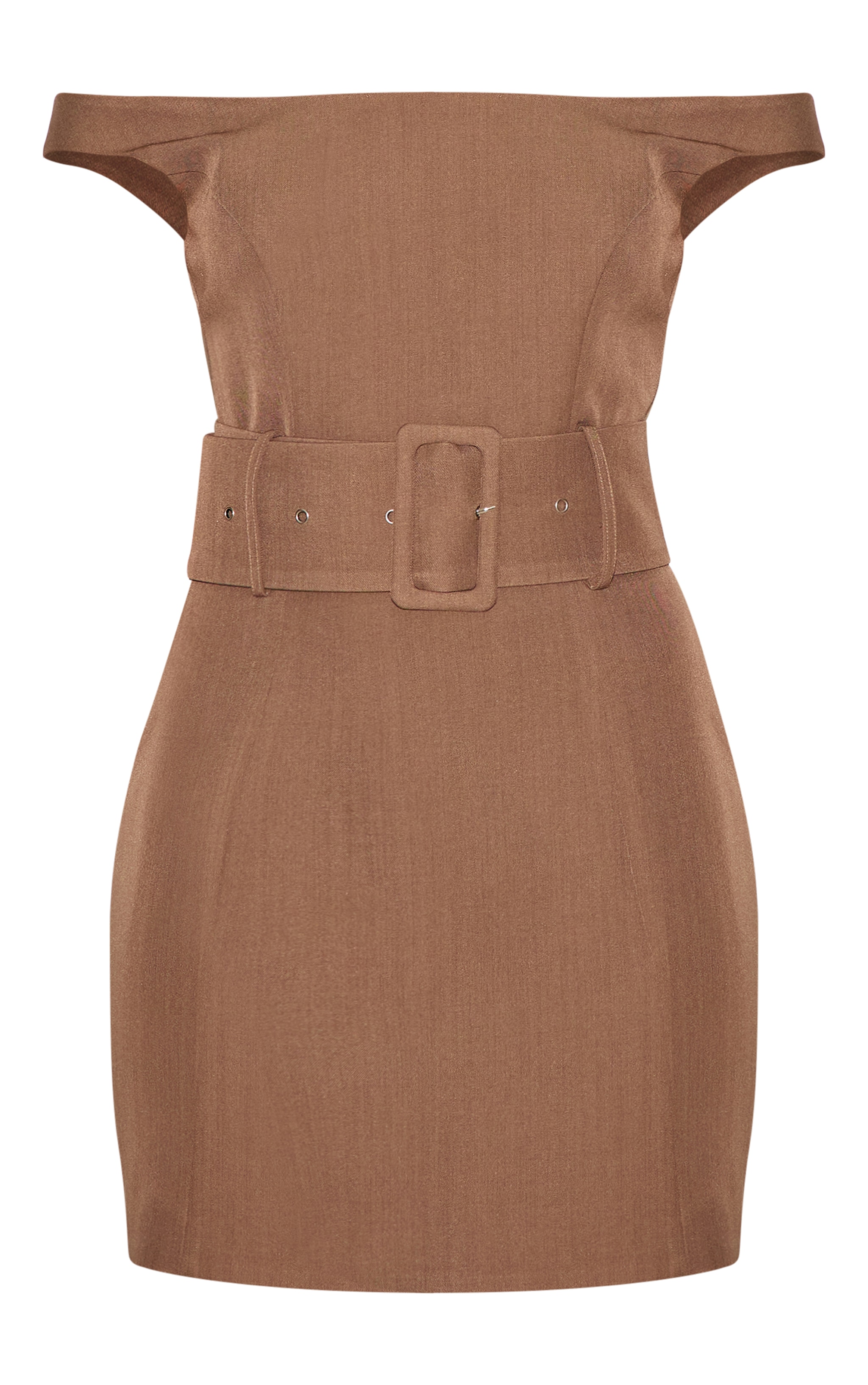  Taupe Woven Off Shoulder Belt Detail Mini Dress image 5