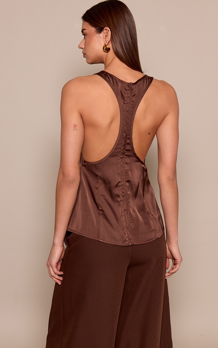 Chocolate Racer Back Longline Detail Satin Top image 2