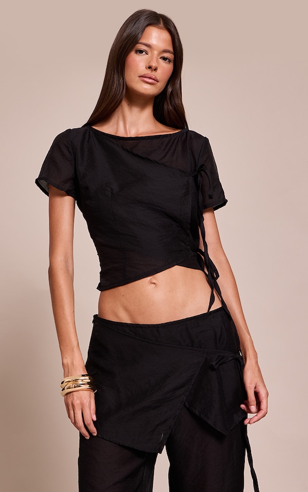 Navy Sheer Organza Tie Detail Short Sleeve Top