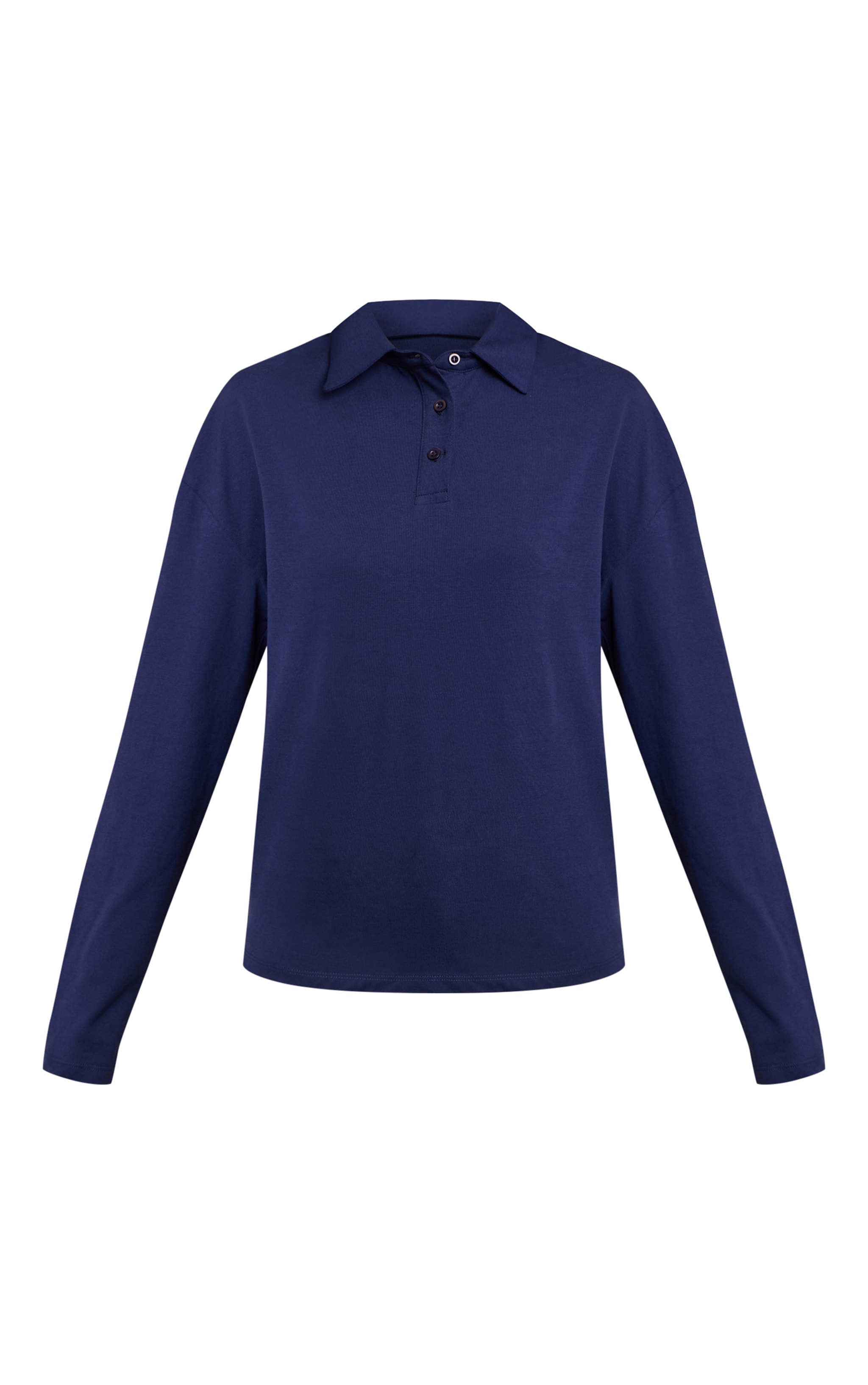 Navy Cotton Polo Collar Long Sleeve Top image 5