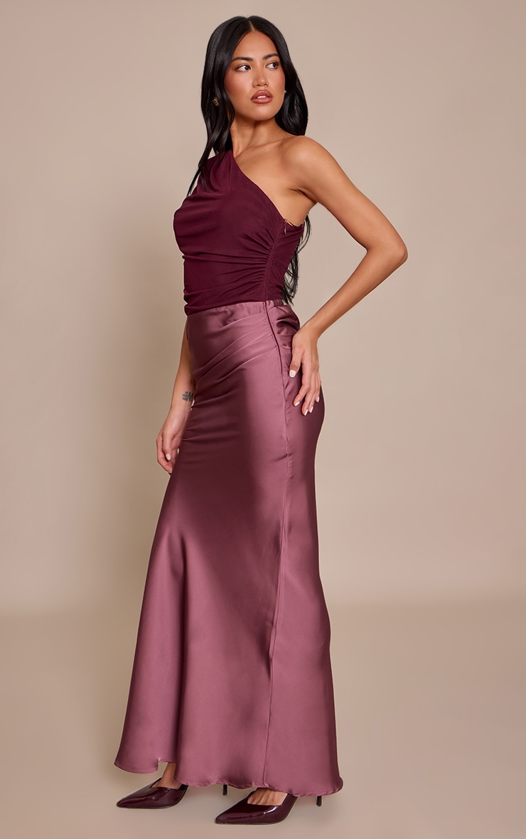 Purple One Shoulder Satin Contrast Maxi Dress image 3