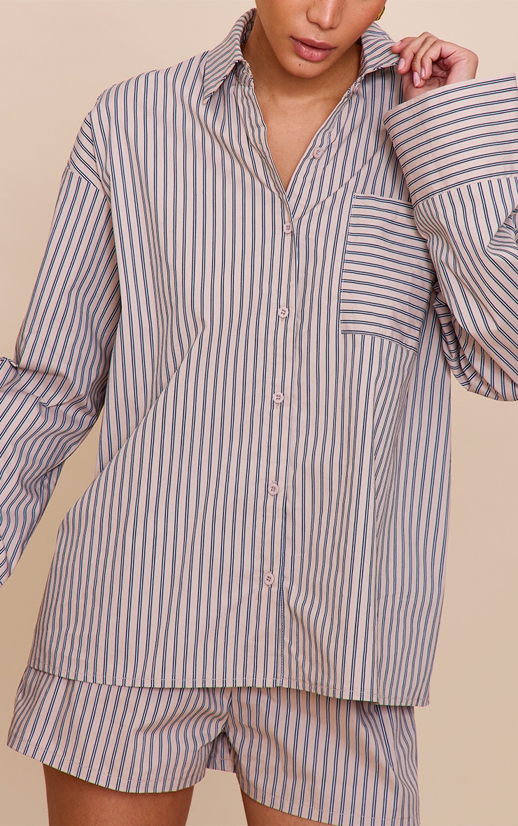 Stone Woven Pinstripe Balloon Sleeve Oversized Shirt image 4