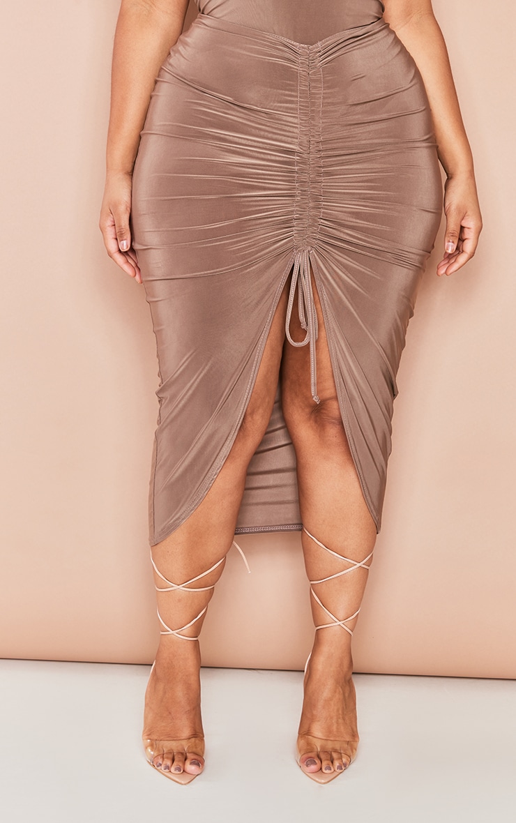 Plus Mocha Slinky Ruched Front Midi Skirt image 2