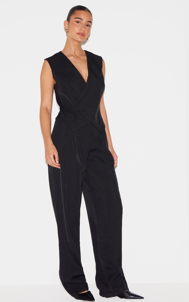 Black Woven Asymmetric Detail Waistcoat Straight Leg Jumpsuit image 3