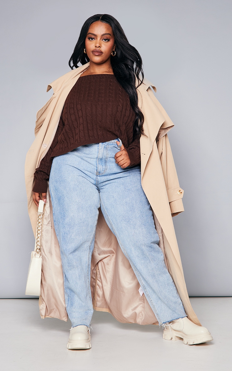Plus Mocha Cable Knitted Slash Neck Jumper