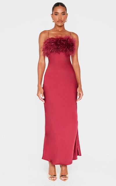 Burgundy Satin Feather Bust Detail Maxi Dress