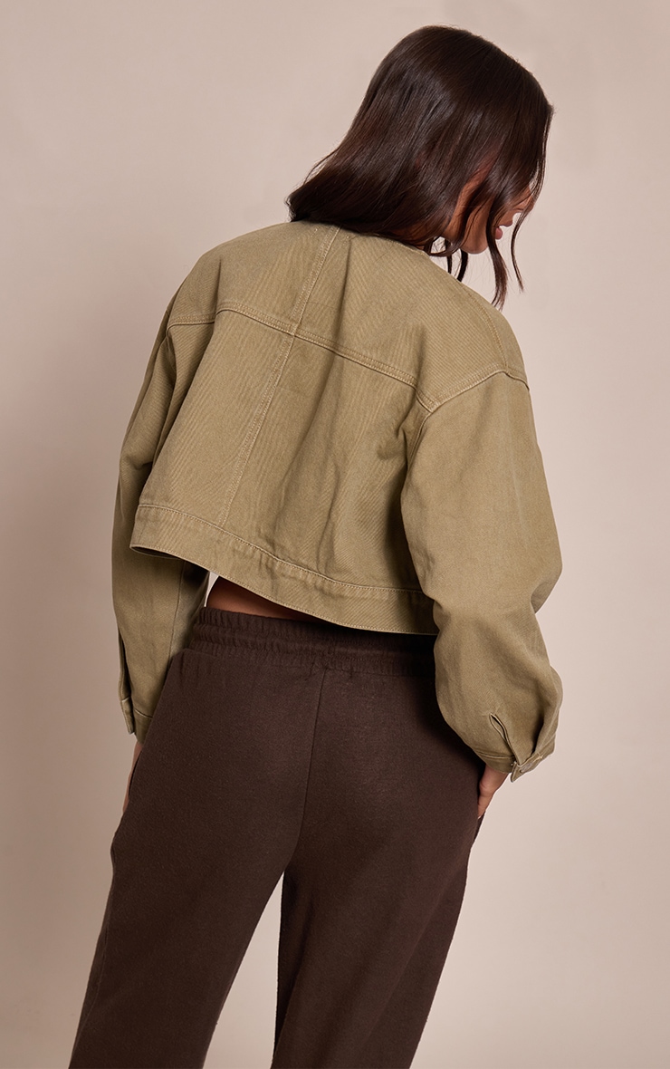 Olive Collarless Cropped Denim Jacket image 2
