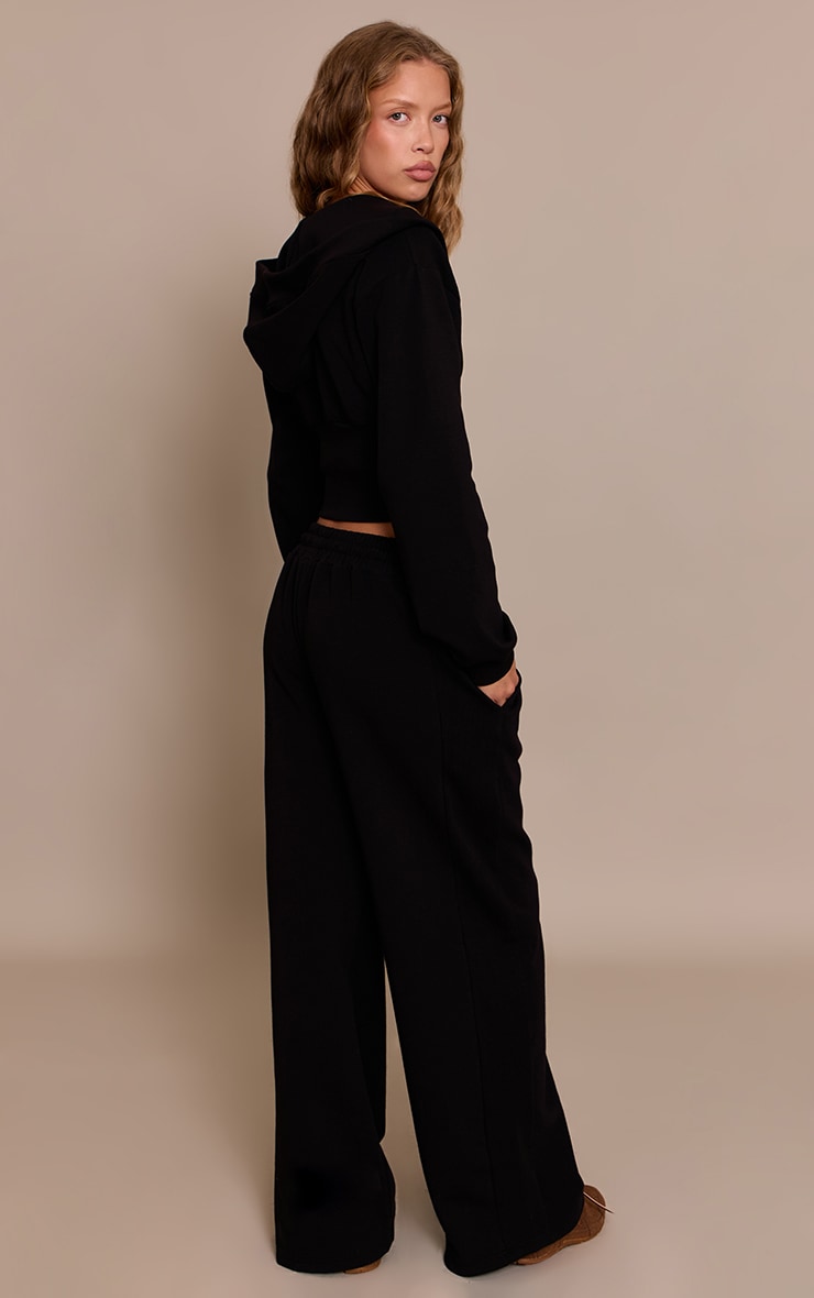 Black Embroidered Interlock Rib Panel Wide Leg Track Pants image 3