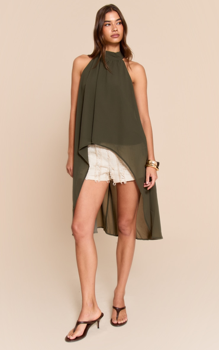 Khaki Chiffon Highneck Extreme Longline Top image 3