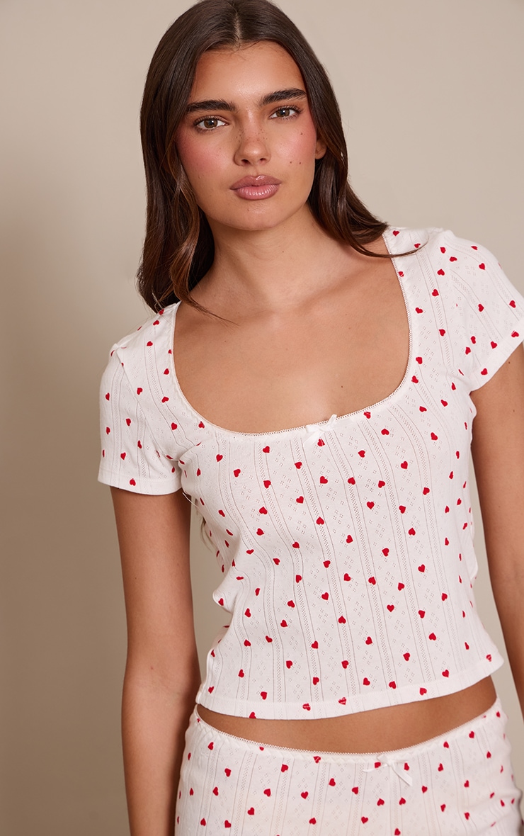Red Heart Print Pointelle Short Sleeve Pajama Top