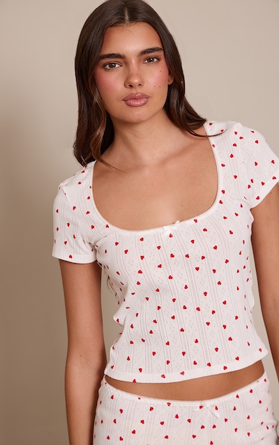 Red Heart Print Pointelle Short Sleeve Pyjama Top