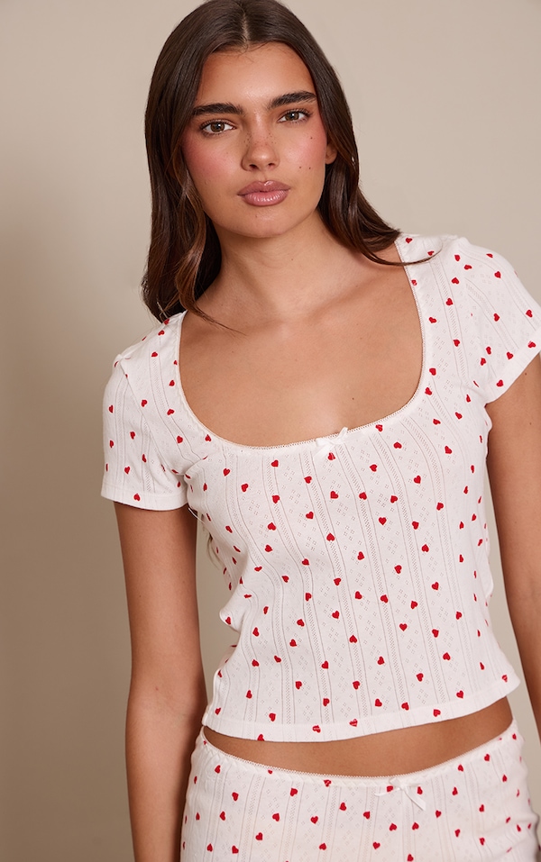 Red Heart Print Pointelle Short Sleeve Pyjama Top