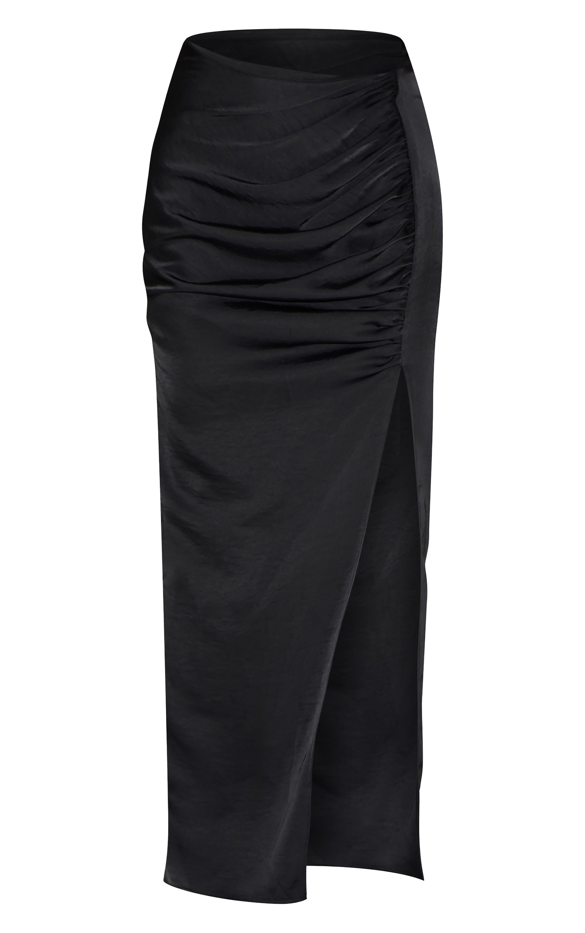 Black Ruched Satin Split Detail Maxi Skirt image 5