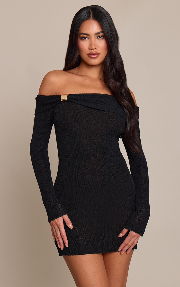 Black Bardot Trim Detail Knitted Dress image 1