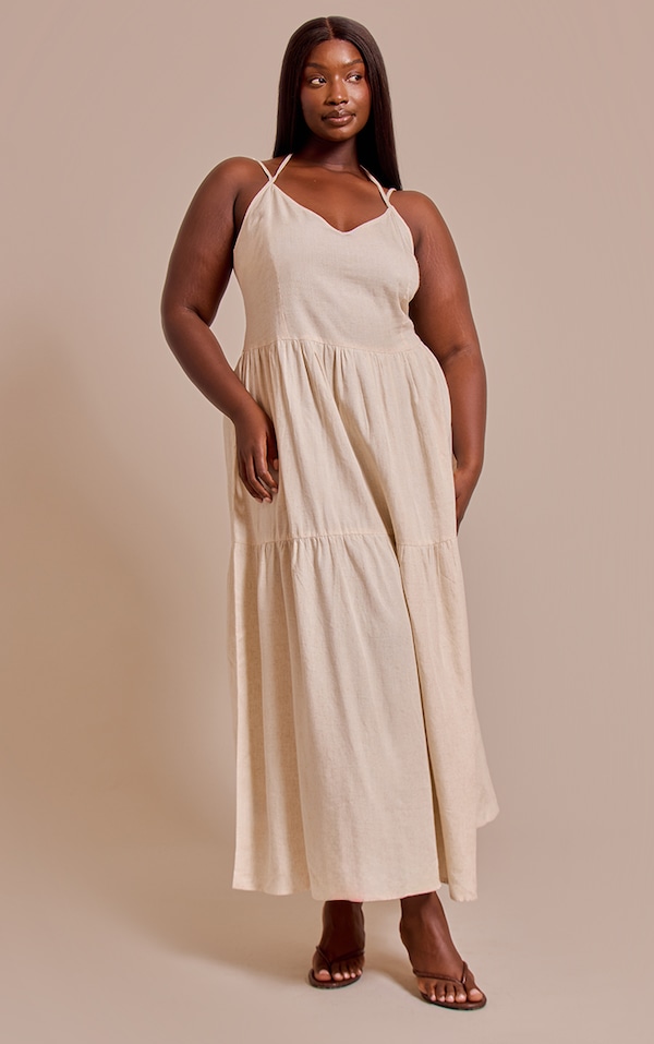 Plus Natural  Strappy Ruched Maxi Dress