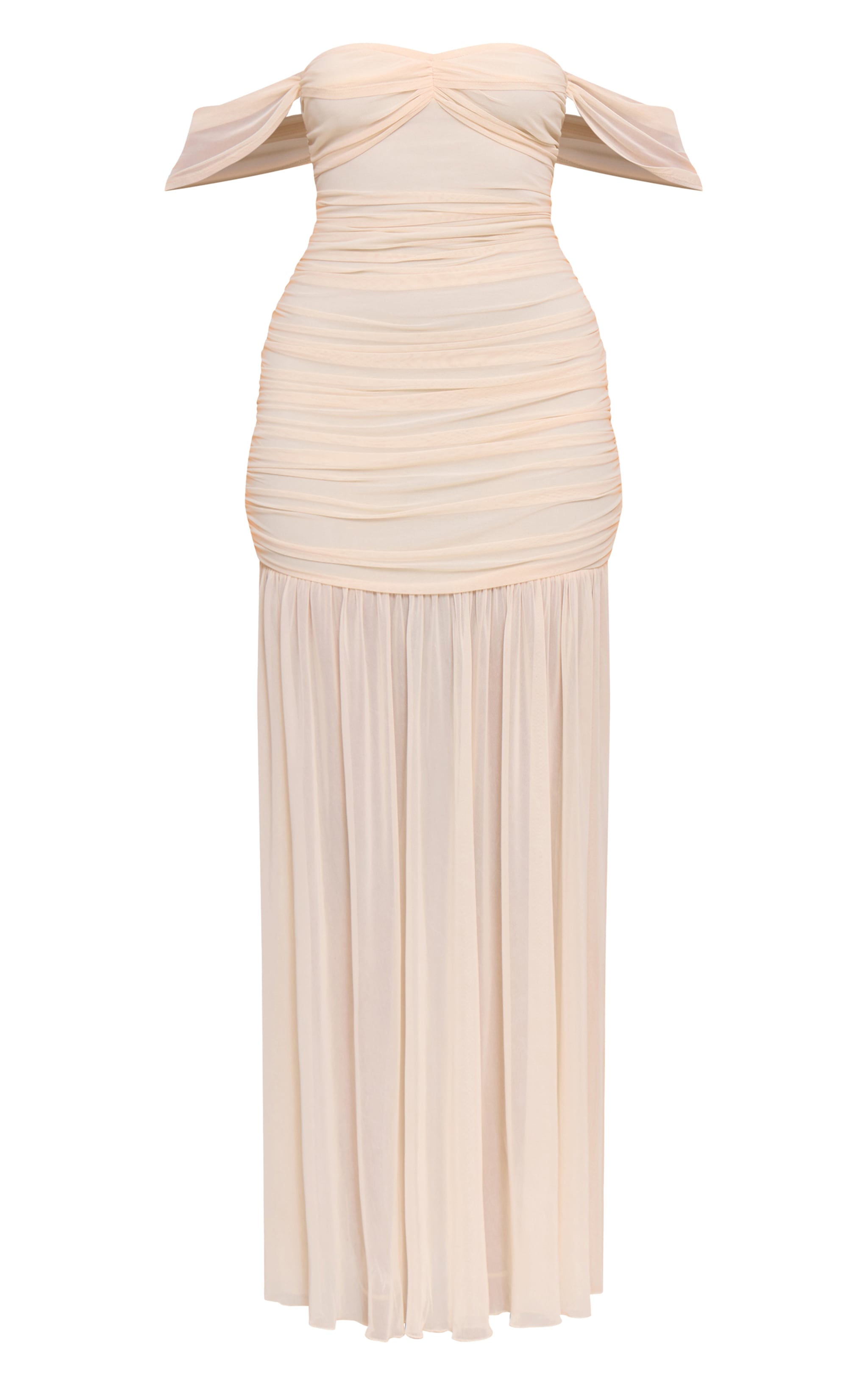 Cream Mesh Bardot Ruched Detail Maxi Dress image 5
