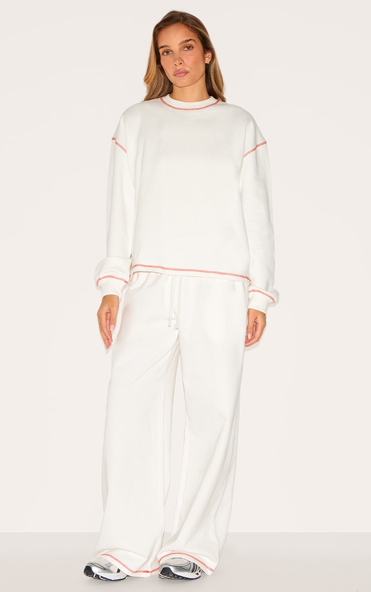Cream Contrast Stitch Loopback Wide Leg Sweatpants image 1
