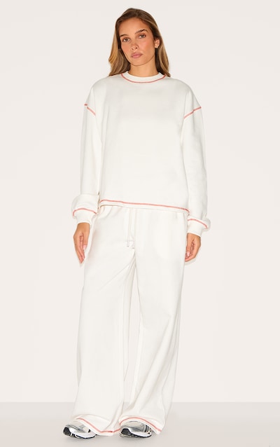 Cream Contrast Stitch Loopback Wide Leg Track Pants
