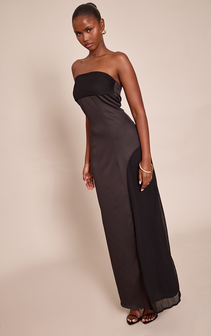 Black Woven Pleated Detail Maxi Dress image 3