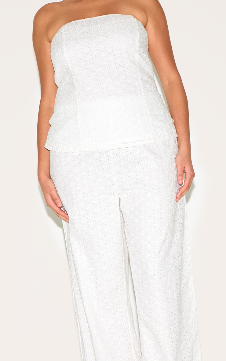 Plus White Embroidered Linen Mid Rise Pants image 4