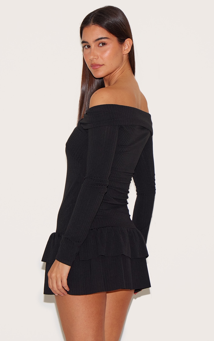 Black Ribbed Bardot Cross Over Bust Detail Shift Dress image 2