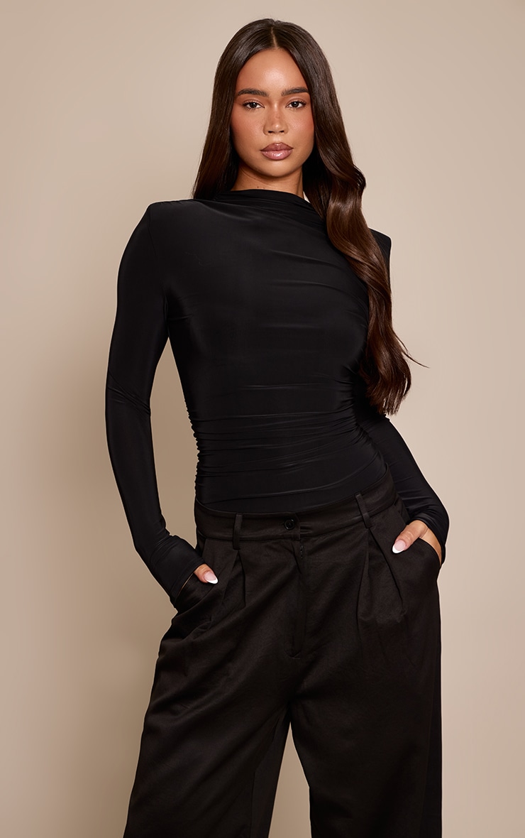 Black Double Layer Slinky Ruched Drape Detail Long Sleeve Bodysuit image 1