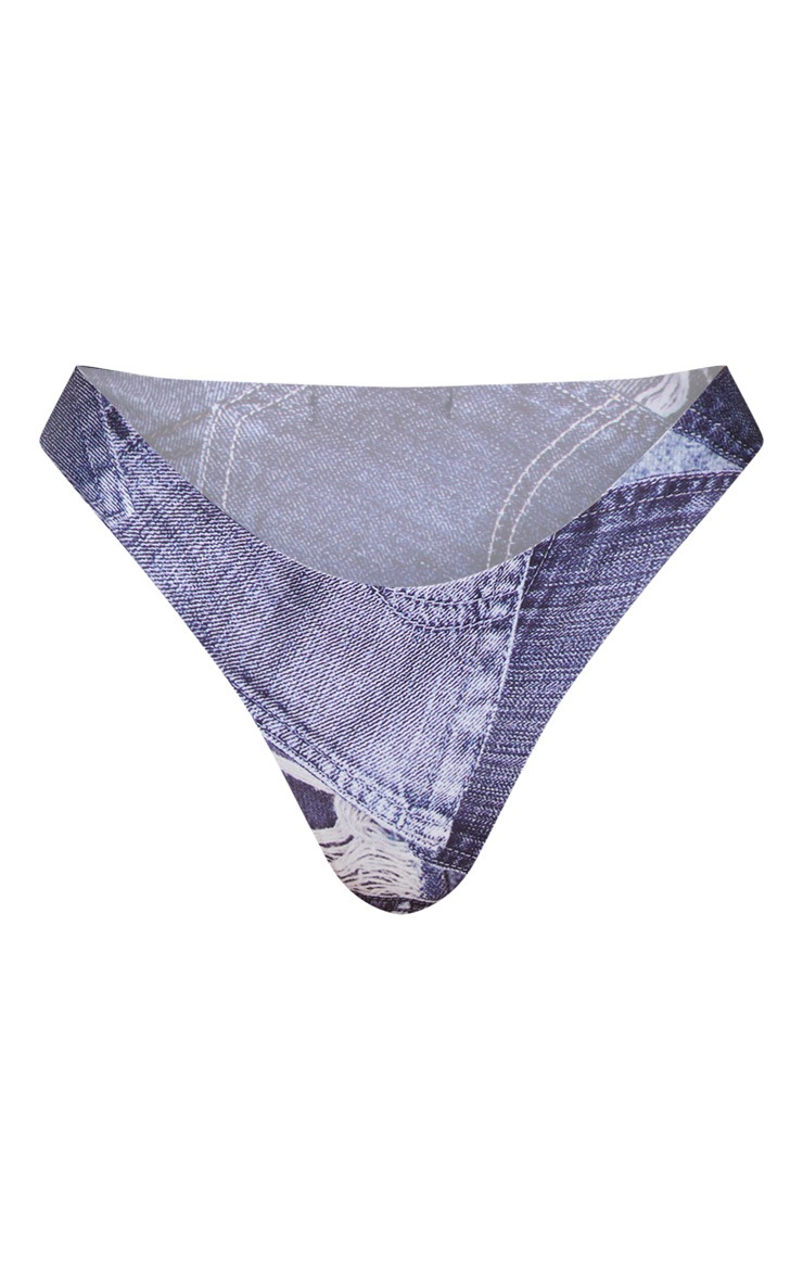 Blue Denim Patch Print Mini Bikini Bottom PrettyLittleThing