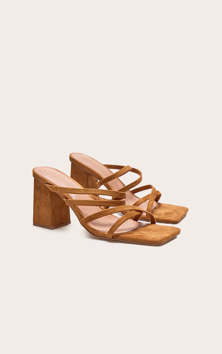 Tan Faux Suede Square Toe Strappy Block Heel Mules image 2
