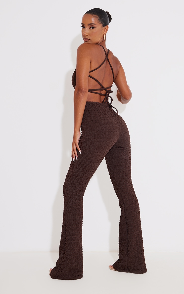 Chocolate Textured V Bar Lace Back Flared Jumpsuit image 1