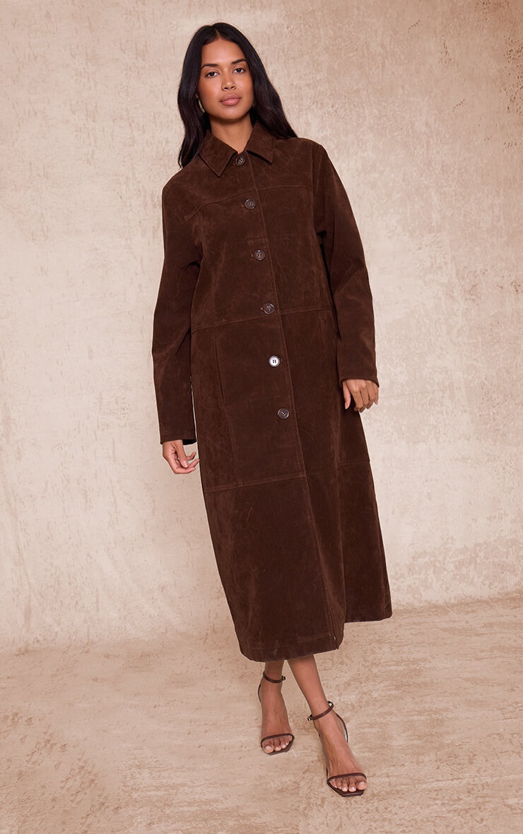 Chocolate Suede Longline Button Coat image 3