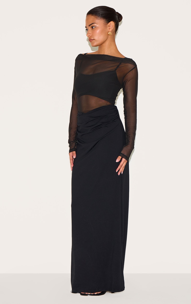 Petite Robe Longue Noire Fluide à Manches Longues et Détails Mesh image 3
