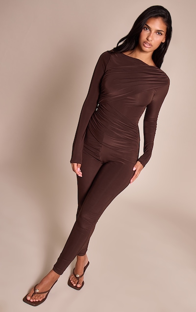 Chocolate Slinky Long Sleeve Ruched Drape Jumpsuit