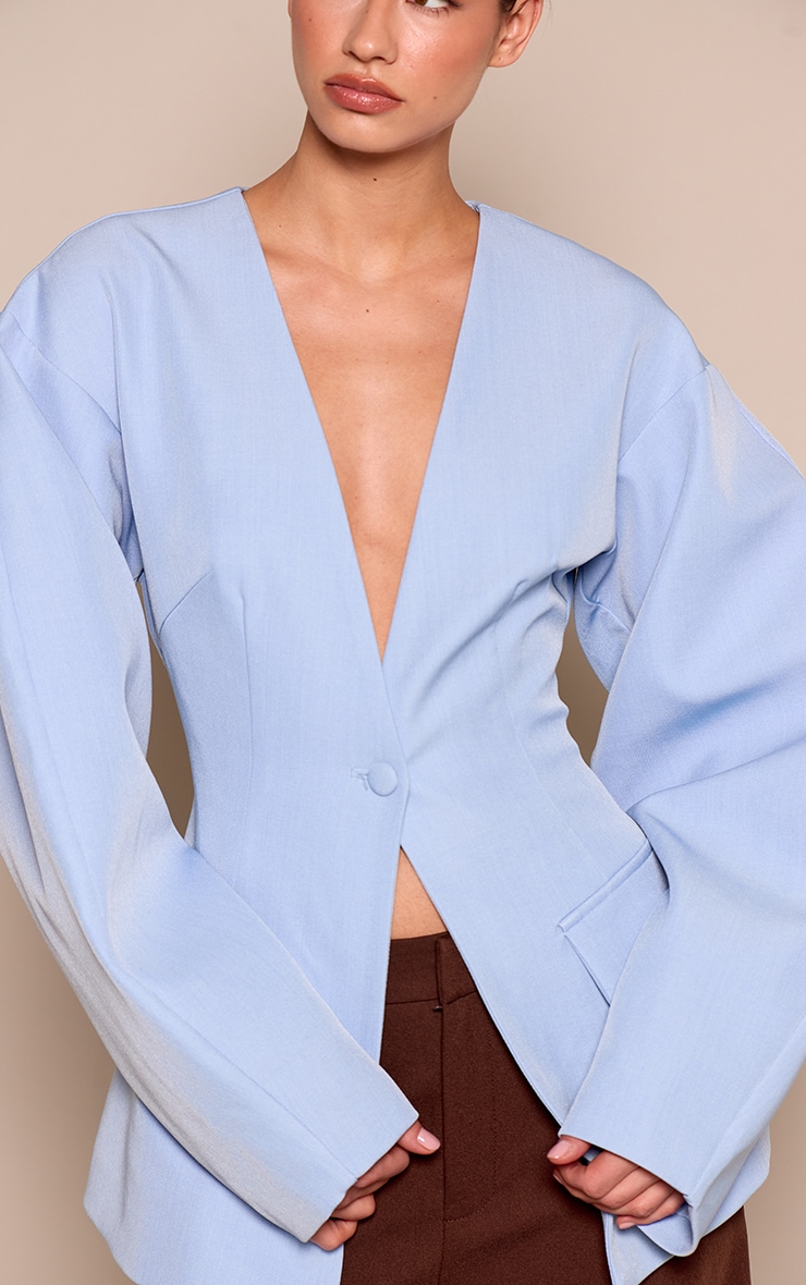 Pale Blue Cocoon Sleeve Cinched Waist Pocket Blazer image 4