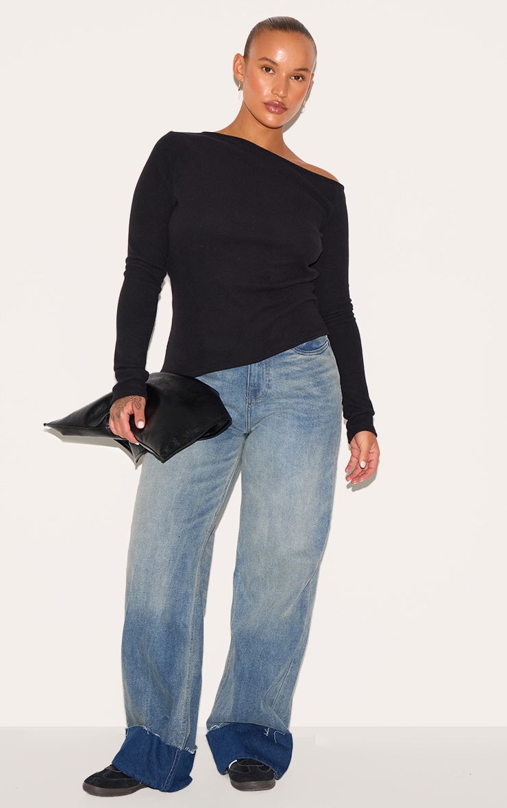 Plus Black Bardot Soft Touch Rib Long Sleeve Top image 3