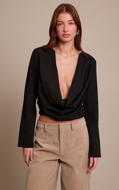 Black Woven Drape Plunge Top