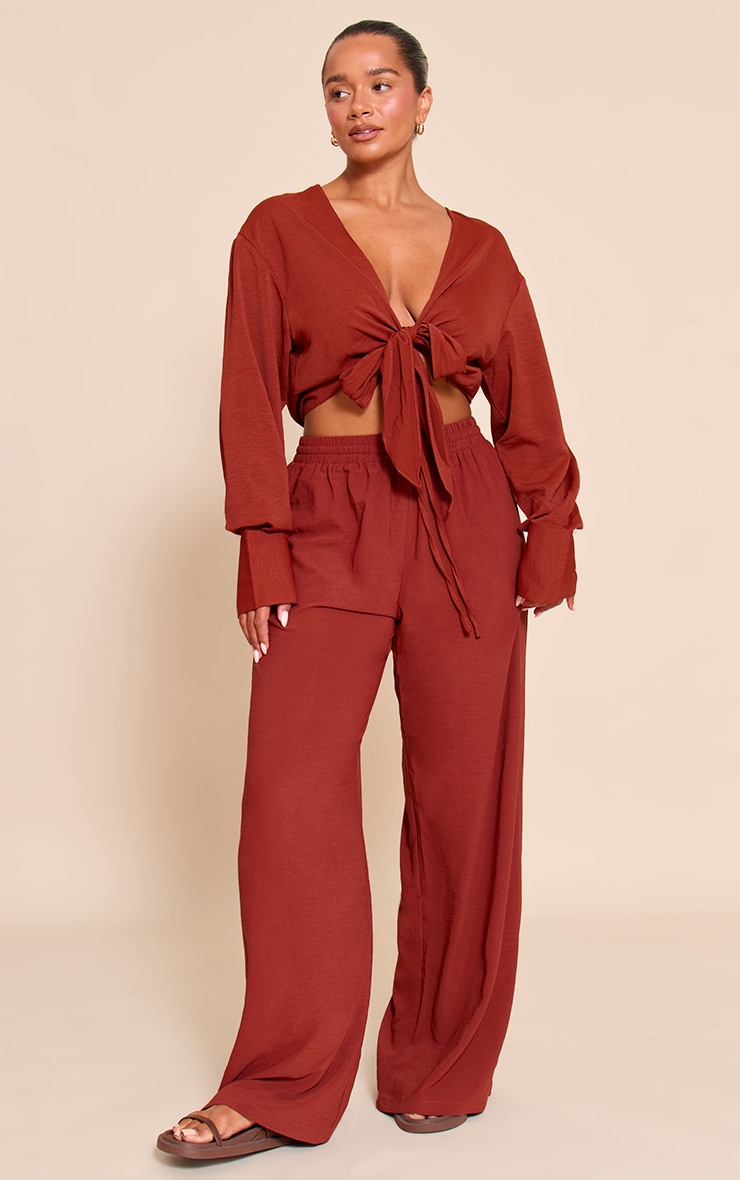 Shape Deep Red Hammered Satin Elasticated Waist Wide Leg Pants image 1