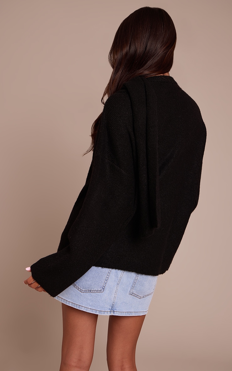 Black Scarf Detail Soft Knit Sweater image 2