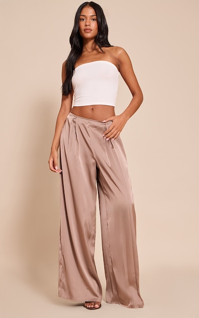 Tall Mocha Pleated Satin Wide Leg Pants