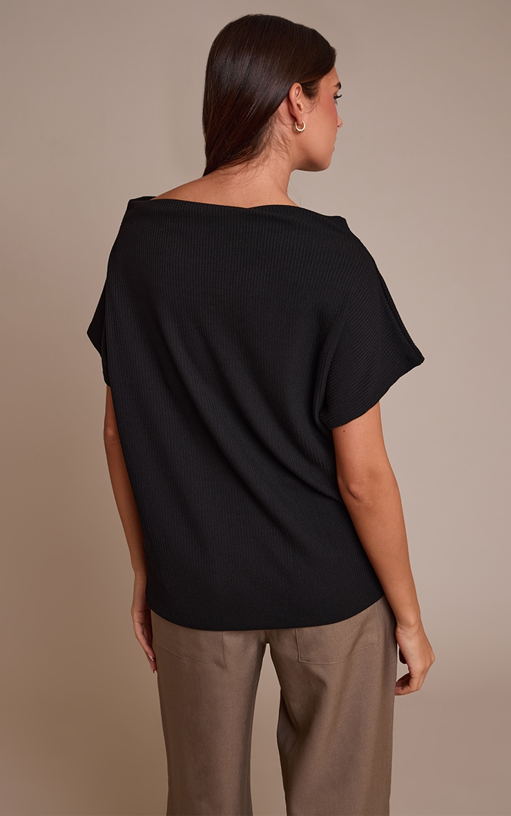 Black Thick Rib Asymmetric Slouchy Long Top image 2