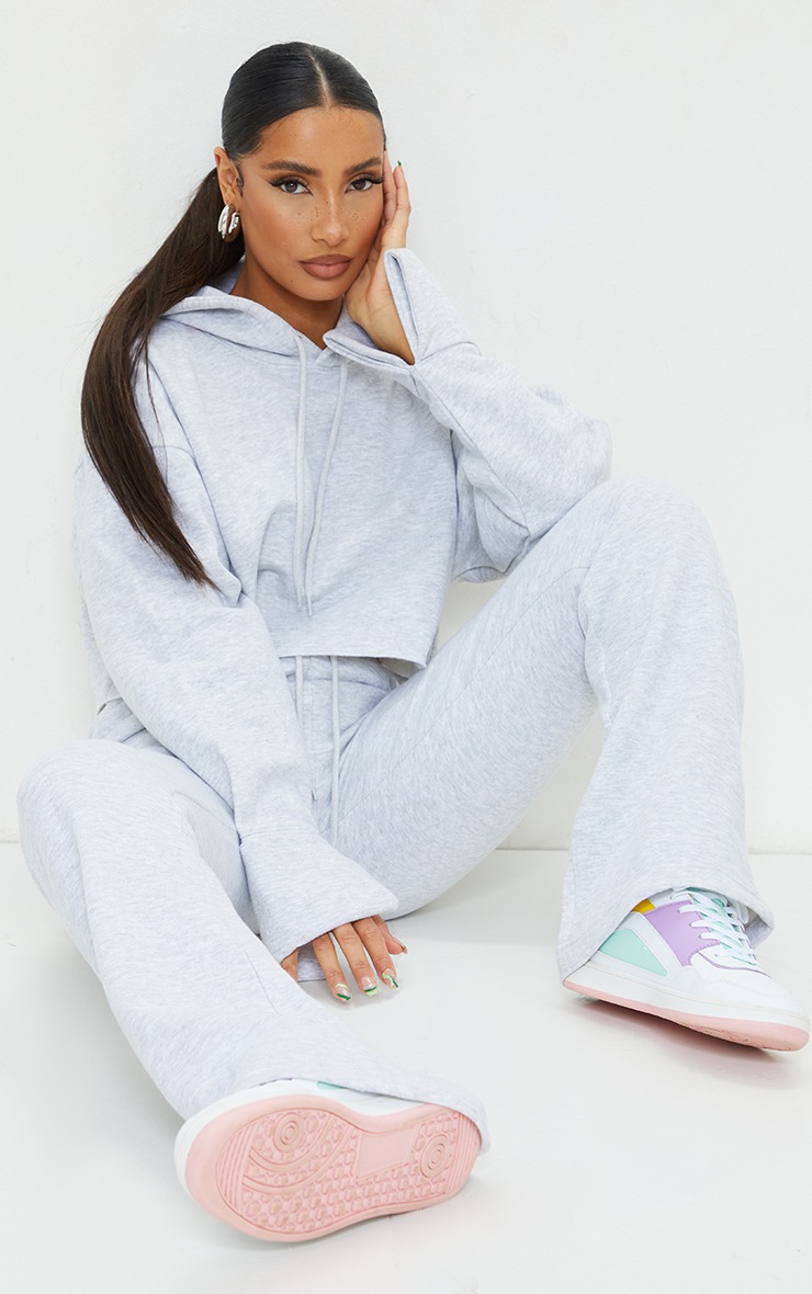 Grey Oversized Turn Up Sleeve Hem Cropped Sweater