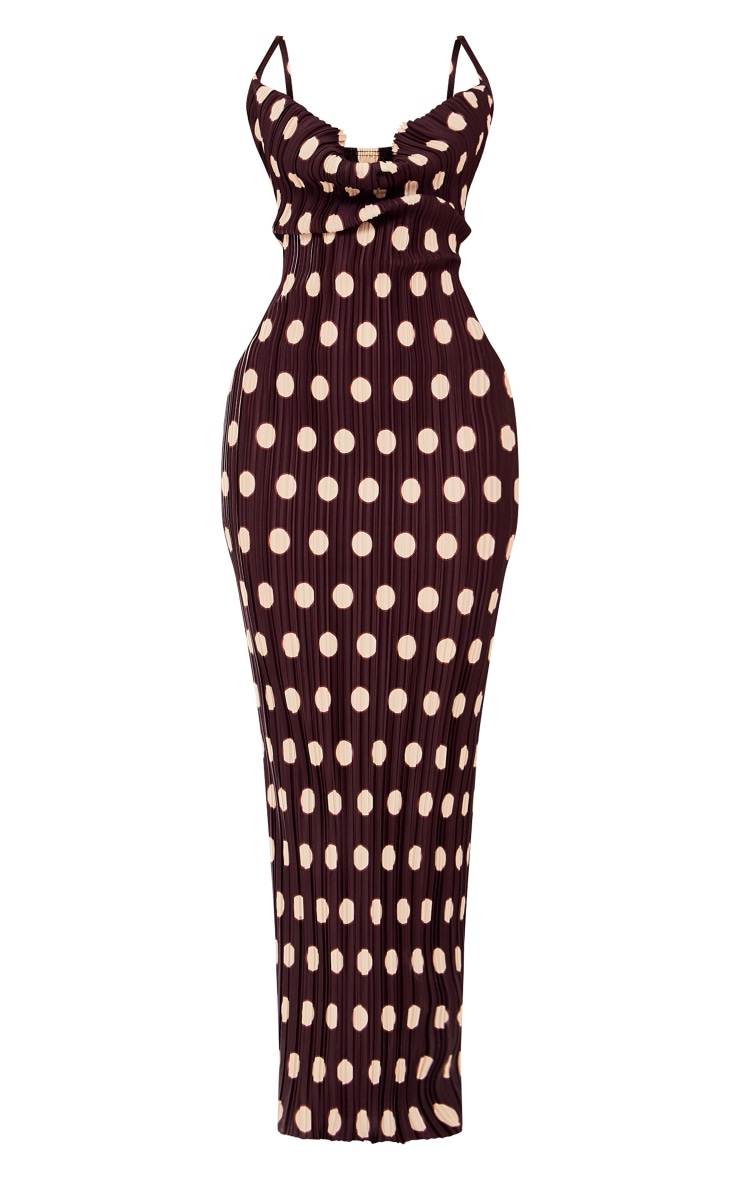 Brown Polka Dot Printed Plisse Strappy Maxi Dress image 1