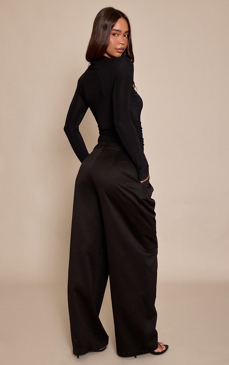 Black Satin Textured Wide Leg Trousers  image 3