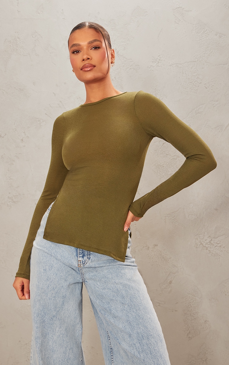 Khaki Burnout Mesh Long Sleeve Split Hem Long Top image 1