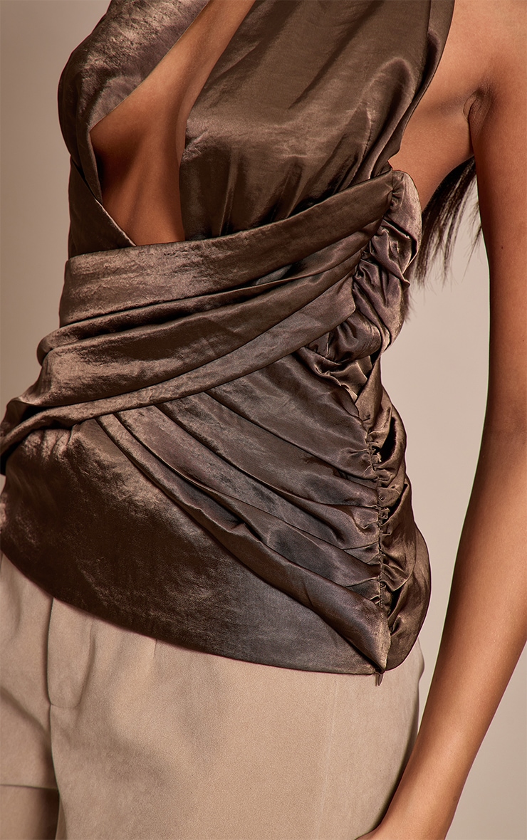 Dark Olive Crinkle Satin Wrap Corset Top image 4