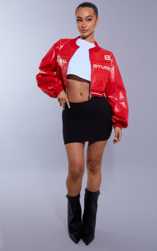 Petite Red Super Cropped PU Racer Jacket | Petite | PLT