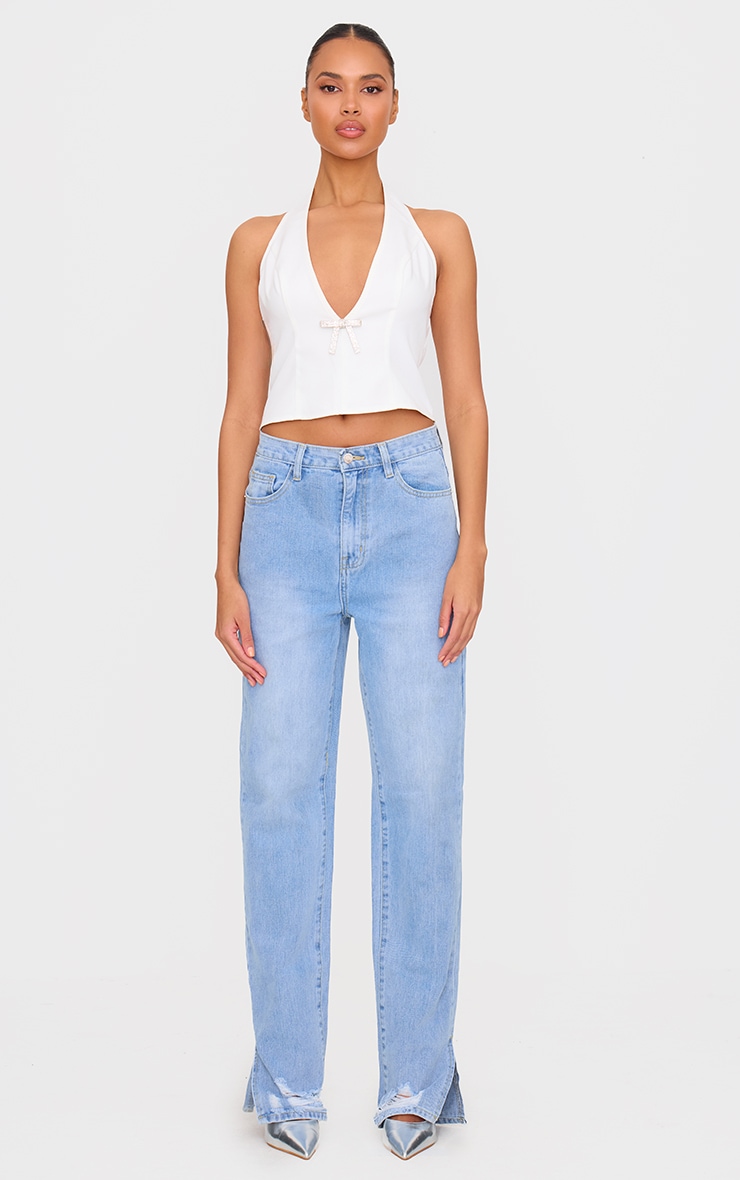 Top long dos nu blanc à décolleté et noeud strassé image 3